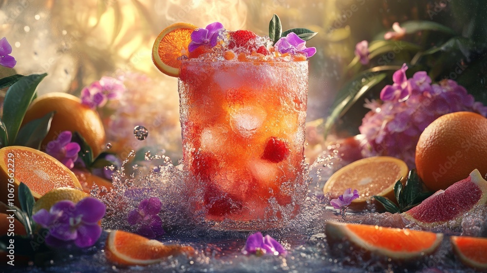 Fototapeta premium A refreshing summer drink with ice, orange slices, and purple flowers in a glass, surrounded by oranges and water splashes.