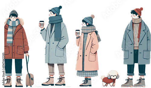 Cute Scene of People and Dog in Winter Clothes