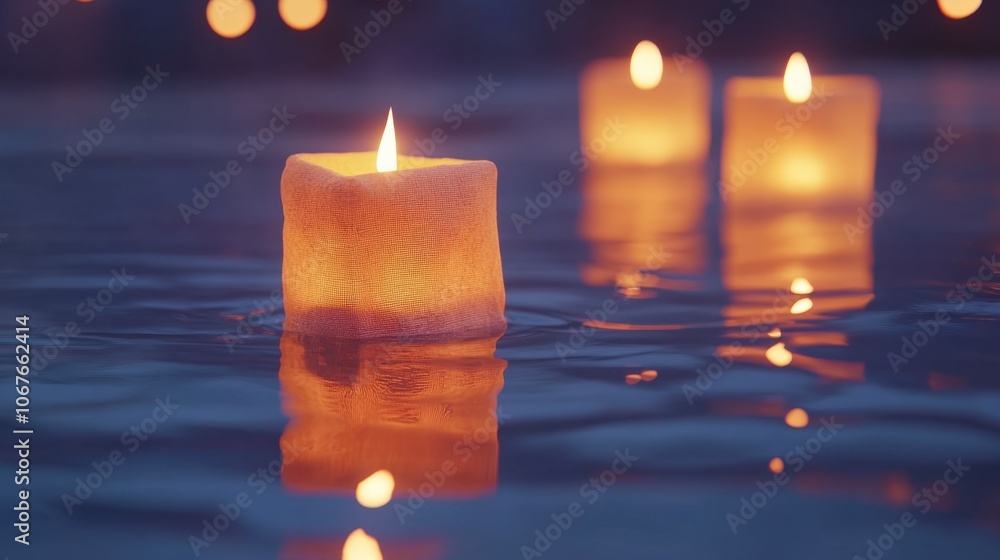 Floating Candles in Serene Water at Dusk Floating Candles in Serene Water at Dusk
