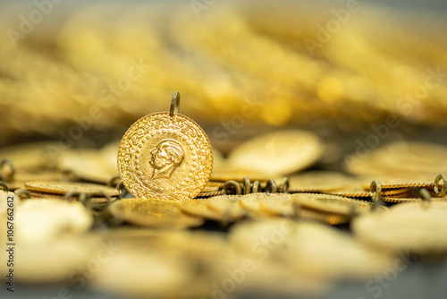 Fototapeta Naklejka Na Ścianę i Meble -  Quarter Gold (Turkish gold) macro detail shooting