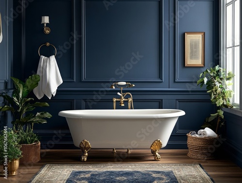 Clawfoot bathtub in a luxurious navy blue bathroom with gold accents
