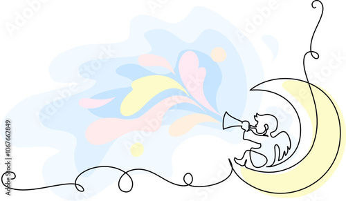 Christmas decoration. Little cute Angel with flute on Moon. Continuous one line