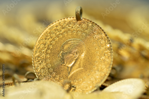 Fototapeta Naklejka Na Ścianę i Meble -  Quarter Gold (Turkish gold) macro detail shooting