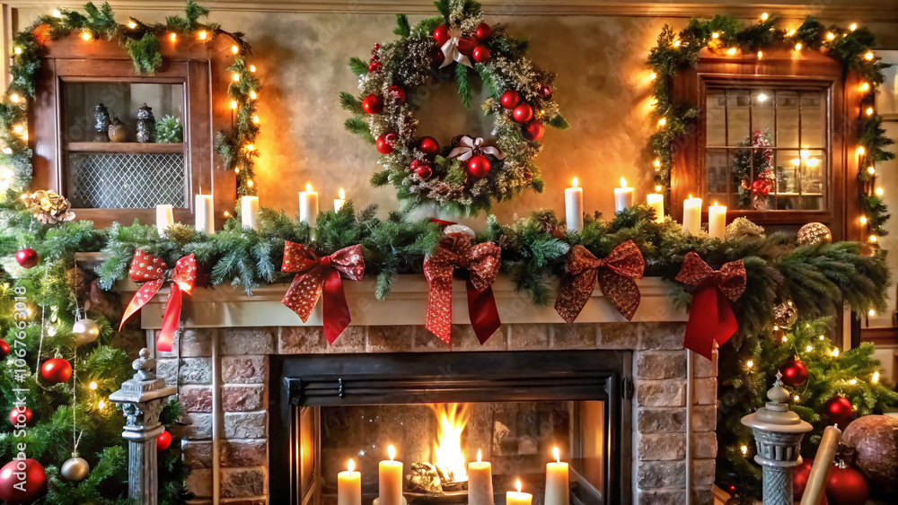 An inviting, cozy Christmas living room, decorated in a traditional style. A glowing fireplace with stockings hanging above, a beautifully decorated Christmas tree with lights, ornaments, An inviting, cozy Christmas living room, decorated in a traditional style. A glowing fireplace with stockings hanging above, a beautifully decorated Christmas tree with lights, ornaments,
