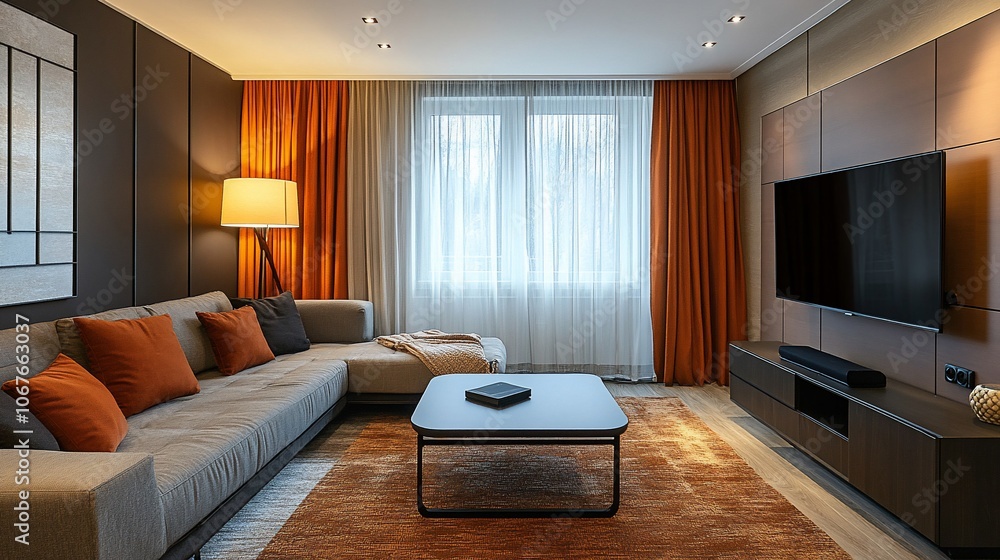 Modern living room with a gray sectional sofa, a coffee table and a flat screen television. Modern living room with a gray sectional sofa, a coffee table and a flat screen television.