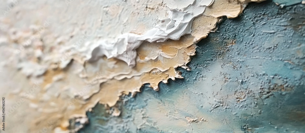 Close up of abstract painting in white, beige, and blue. Close up of abstract painting in white, beige, and blue.