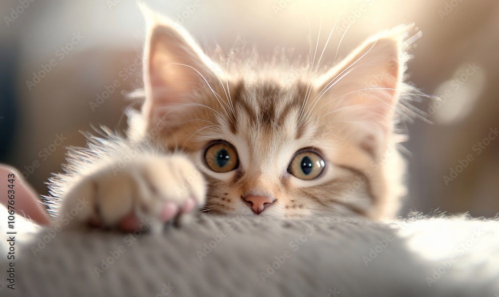 A playful kitten peeking over a soft surface, capturing curiosity. A playful kitten peeking over a soft surface, capturing curiosity.