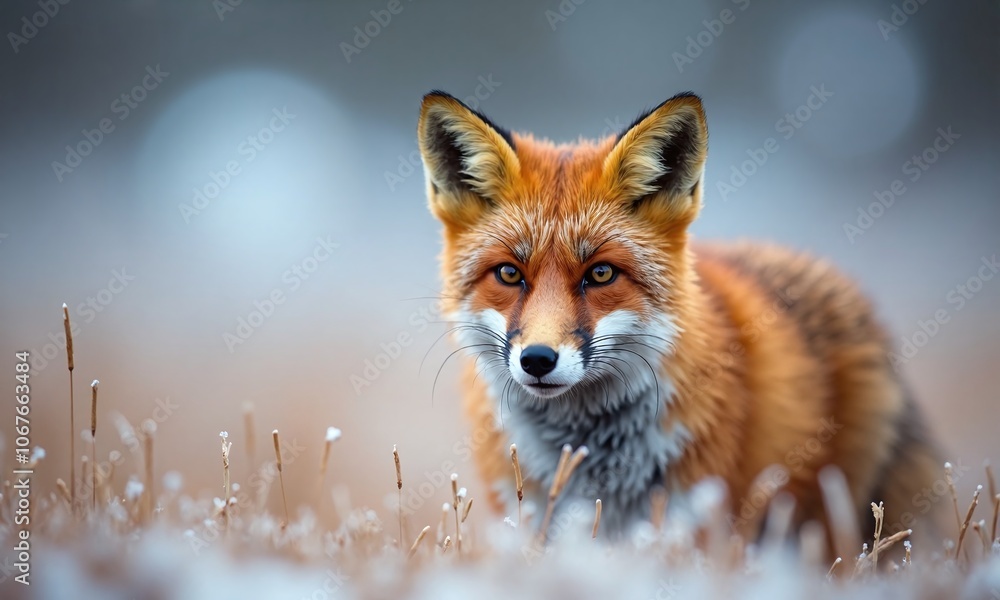 Obraz premium Red fox close up portrait frosty grass winter