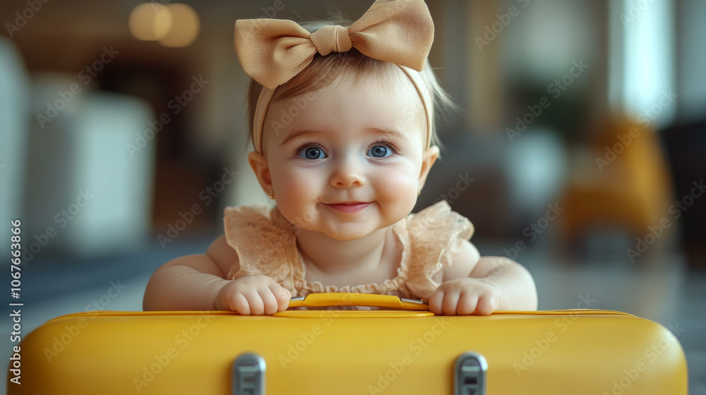 Baby with a large bow on head sits on a yellow suitcase indoors, smiling. Concept of travel or adventure.
