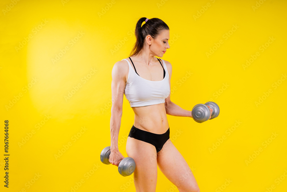 Fototapeta premium Fitness, workout and woman with weights in a studio for a arm or strength training with motivation.
