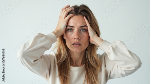 A woman experiences overwhelming stress while sitting against a soft green backdrop in a calm room