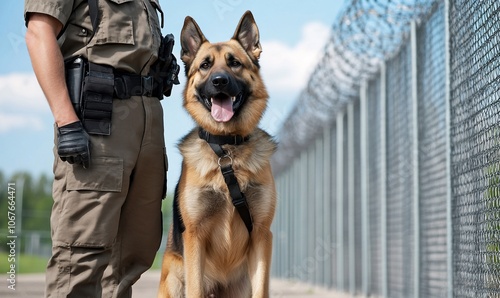 A police officer stands beside a trained German Shepherd dog.