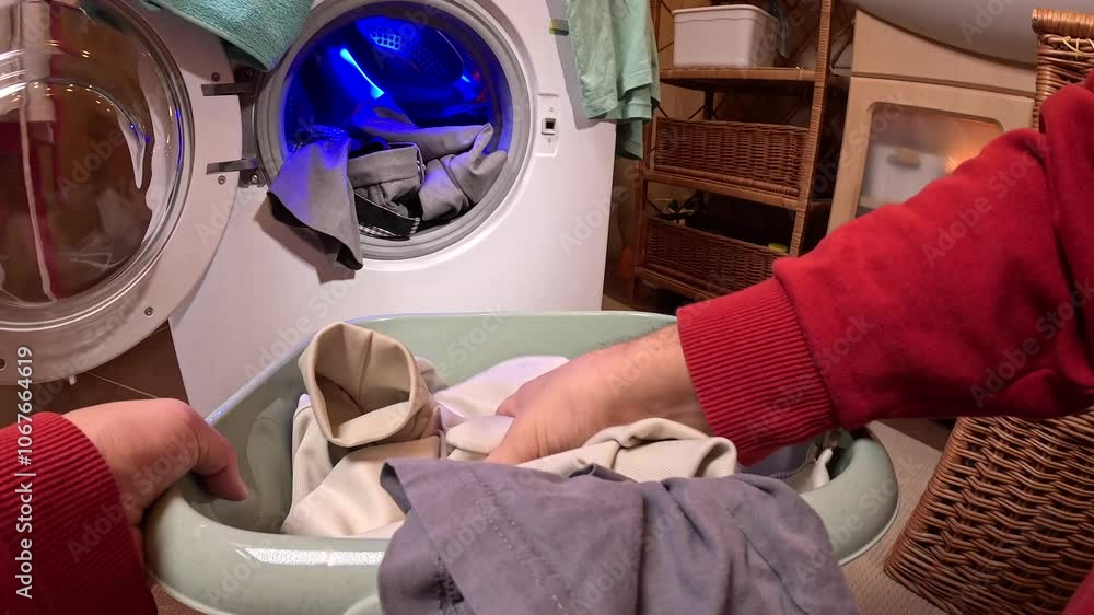 POV Person loading clothes into washing machine at home laundry room
