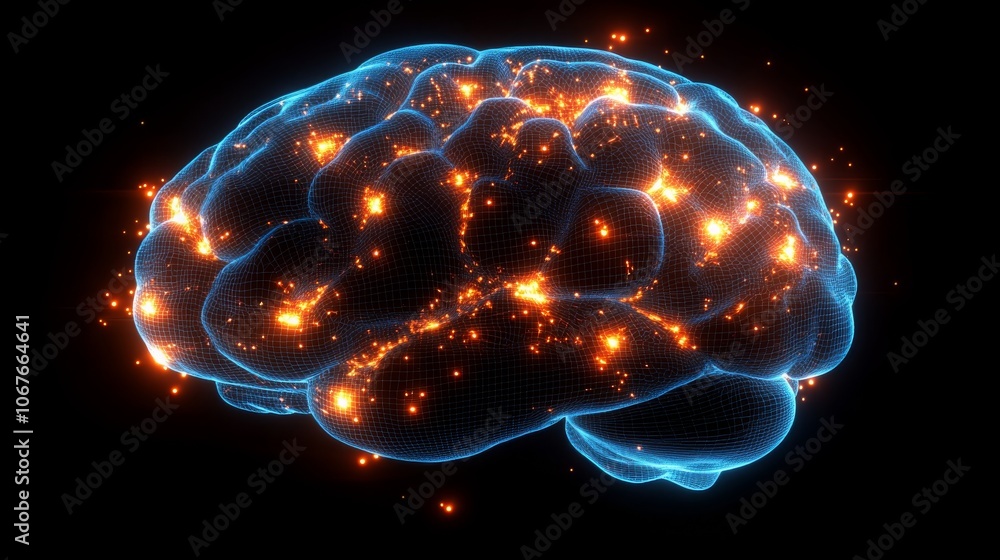 Exploring the human brain silhouette with a glowing mesh of neural connections and activity Exploring the human brain silhouette with a glowing mesh of neural connections and activity