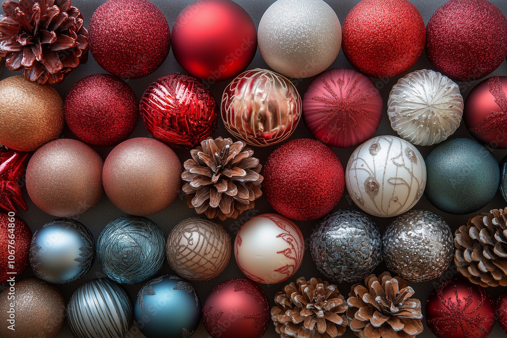 Christmas decorations laid out in neat rows. Christmas decorations laid out in neat rows.