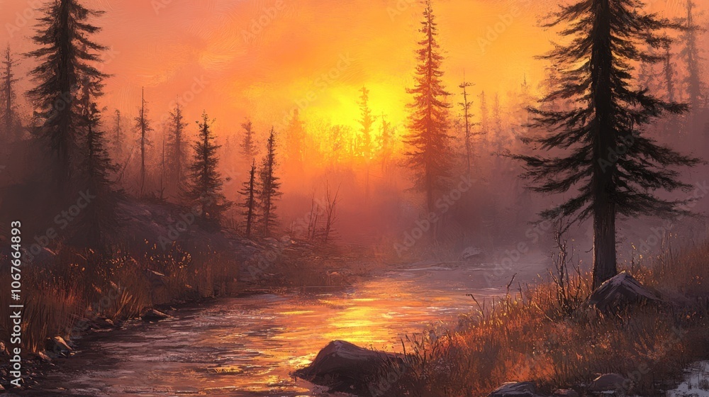 Serene Sunrise Over a Misty Forest Landscape Serene Sunrise Over a Misty Forest Landscape