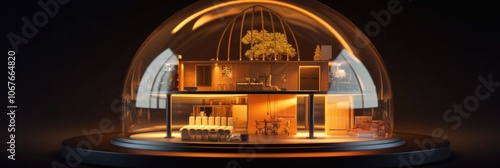 Futuristic miniature house model enclosed in a glass dome, detailed interior design concept photo