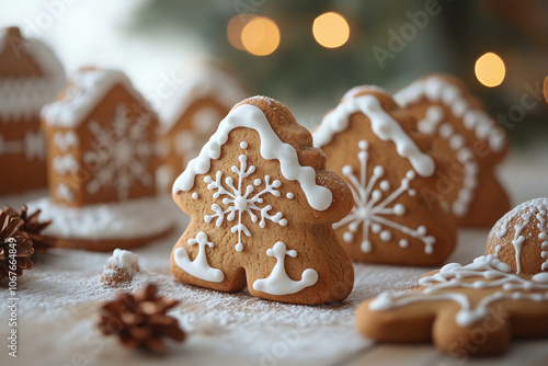 Gingerbread cookies decorated with white icing in holiday shapes.