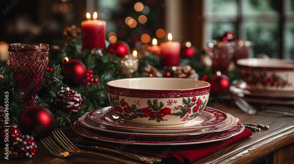 Fototapeta premium Christmas table with holiday-themed dishes and candles.