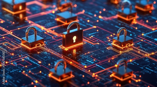 A digital network featuring glowing locks symbolizing cybersecurity and data protection.