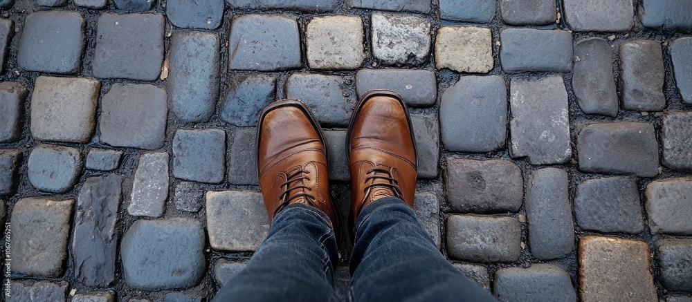 Brown leather shoes on a cobblestone street. Brown leather shoes on a cobblestone street.