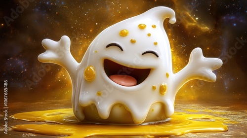 A friendly cartoon ghost with a big smile and dripping yellow goo, against a starry backdrop. photo