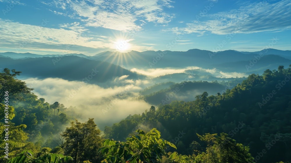 A breathtaking sunrise over misty mountains in a lush forest landscape during early morning hours A breathtaking sunrise over misty mountains in a lush forest landscape during early morning hours