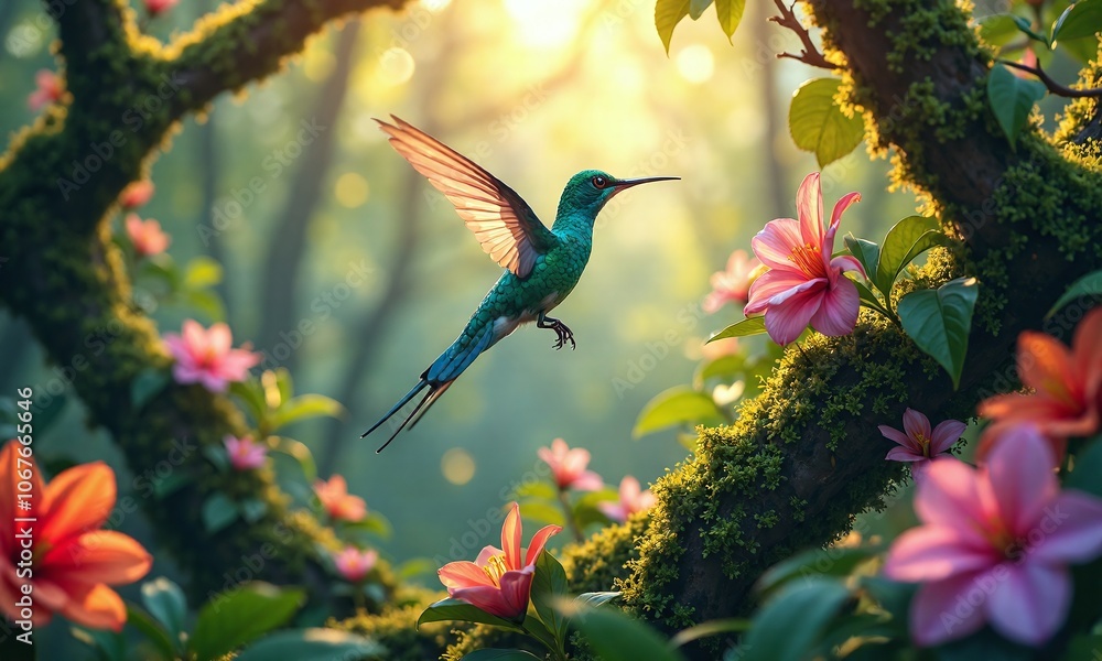 Fototapeta premium Vibrant tropical birds magical forest scene colorful flowers