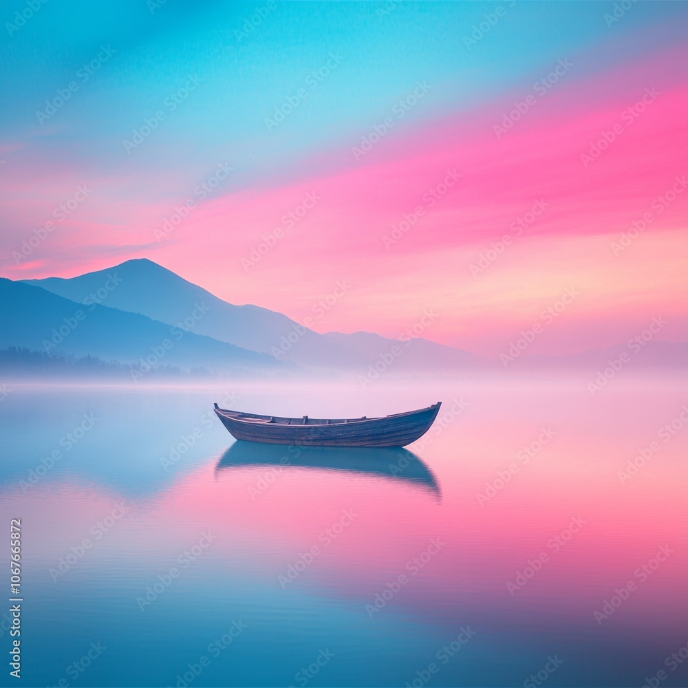 Serene sunrise over a calm lake with a solitary boat and mountains in the background. Serene sunrise over a calm lake with a solitary boat and mountains in the background.