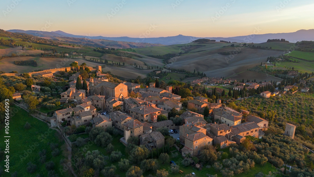Fototapeta premium Monticchiello, Tuscany, Italy. Aerial drone view.
