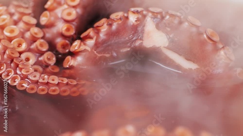 Octopus cooking, chef Boiling fresh octopus on restaurant kitchen, healthy food, seafood cafe in spain, traditional asian japanese spanish and mediterranean dish.