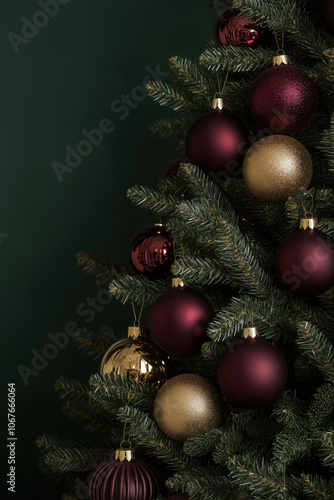 Christmas tree decorated with golden and purple ornamnets photo