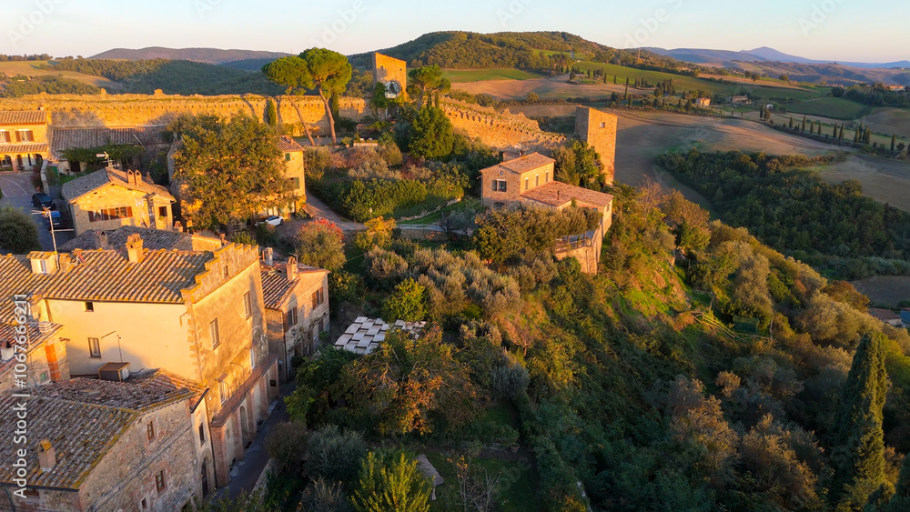 Monticchiello, Tuscany, Italy. Aerial drone view. Monticchiello, Tuscany, Italy. Aerial drone view.