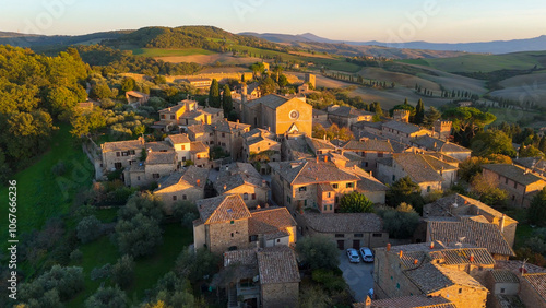 Monticchiello, Tuscany, Italy. Aerial drone view.