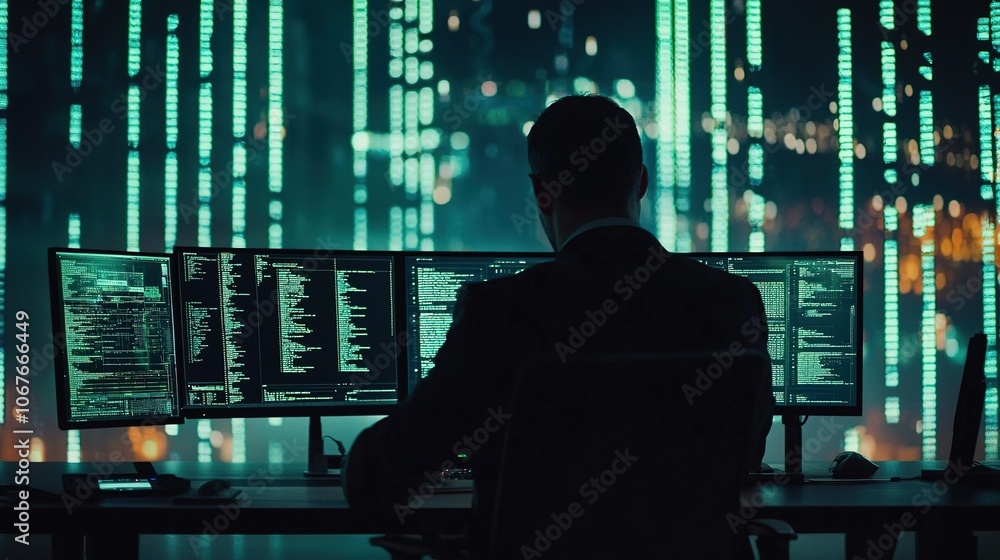 Fototapeta premium A figure sits before multiple computer screens displaying cascading green code, creating a high-tech atmosphere in a dimly lit environment.
