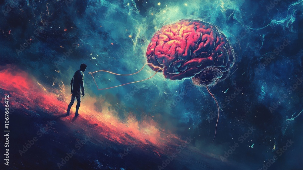 A man's brain is being controlled by a string, which someone is pulling. A man's brain is being controlled by a string, which someone is pulling.