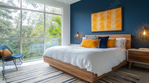 Modern Bedroom Interior with Blue Walls, Wooden Bed, and Geometric Art