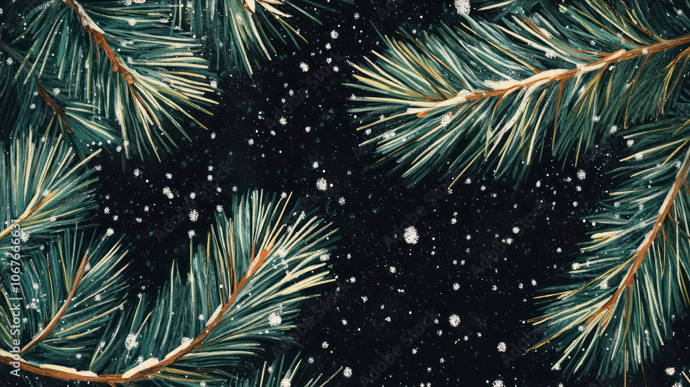 Fototapeta premium Bright Green Pine Needles Gracefully Contrast With Dark Surroundings While Gentle Snowflakes Fall During a Tranquil Winter Day