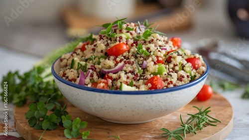 Bowl of quinoa salad with herbs and kitchen utensils in background