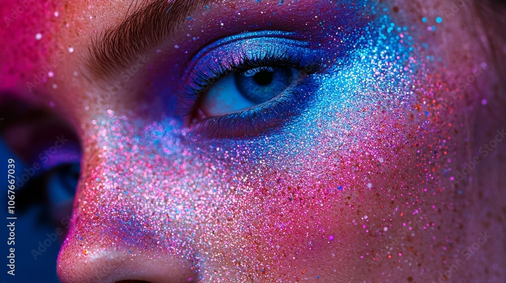 Close-Up of Blue Eyes with Glitter Makeup in Vibrant Colors Close-Up of Blue Eyes with Glitter Makeup in Vibrant Colors