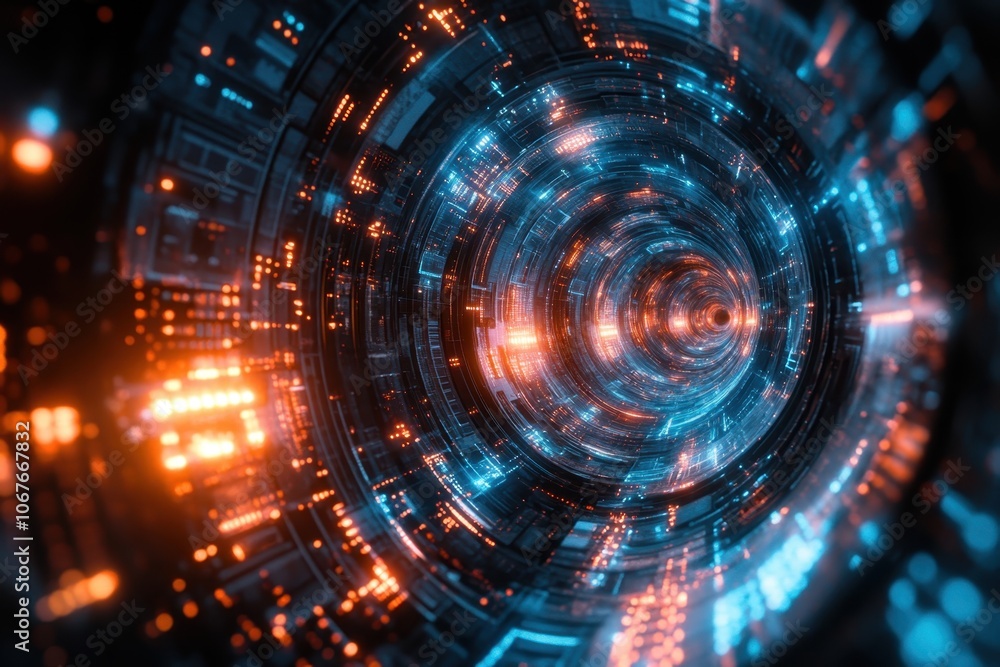 Fototapeta premium Abstract digital tunnel with blue and orange lights creating a futuristic atmosphere