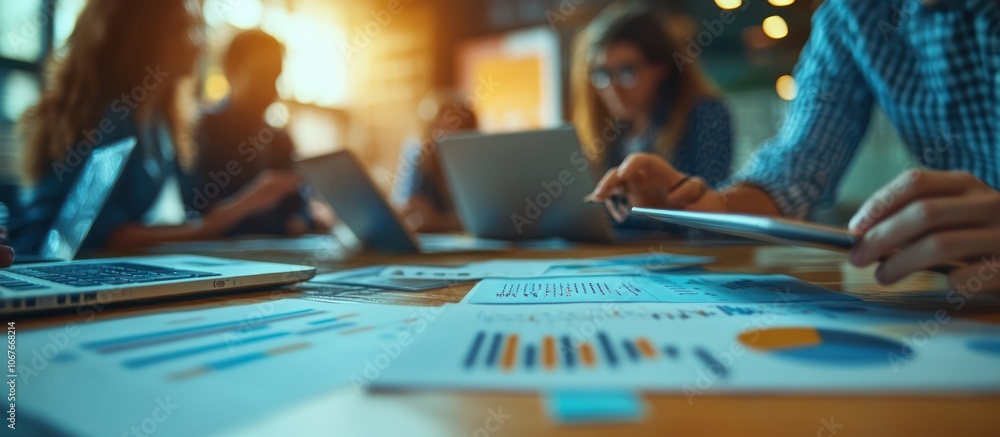 Blurred image of a team working together at a table with laptops, charts, and documents, analyzing data and collaborating on a project. Blurred image of a team working together at a table with laptops, charts, and documents, analyzing data and collaborating on a project.