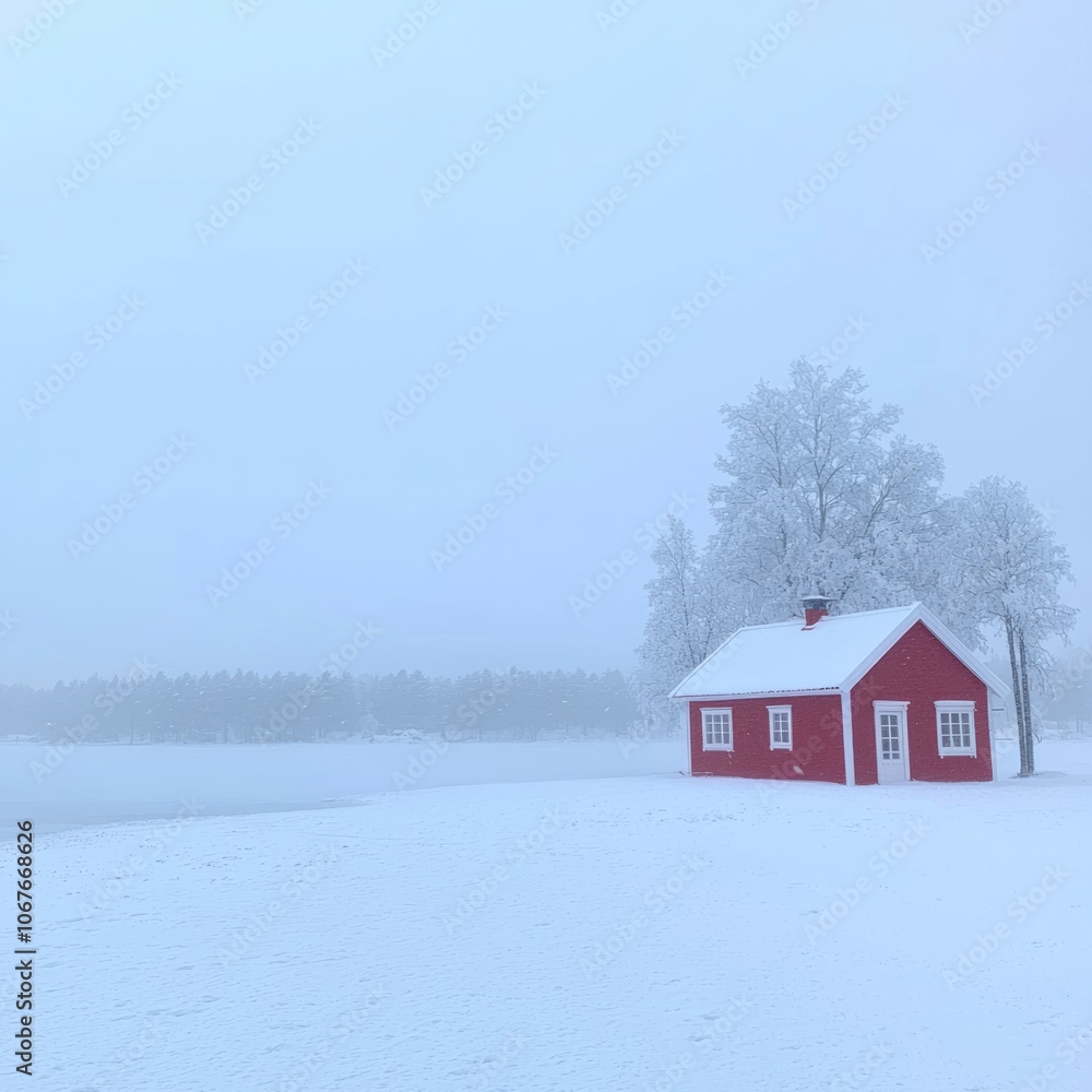 A solitary red house in a snowy landscape under a foggy sky. A solitary red house in a snowy landscape under a foggy sky.