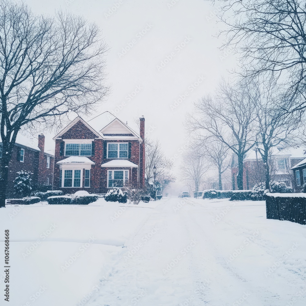 Snow-covered street with a brick house and bare trees in a winter landscape. Snow-covered street with a brick house and bare trees in a winter landscape.