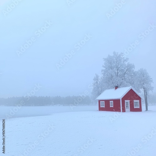 A solitary red house in a snowy landscape under a foggy sky.