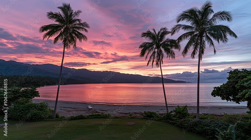 Serene Tropical Sunset Over Calm Ocean Shoreline Serene Tropical Sunset Over Calm Ocean Shoreline