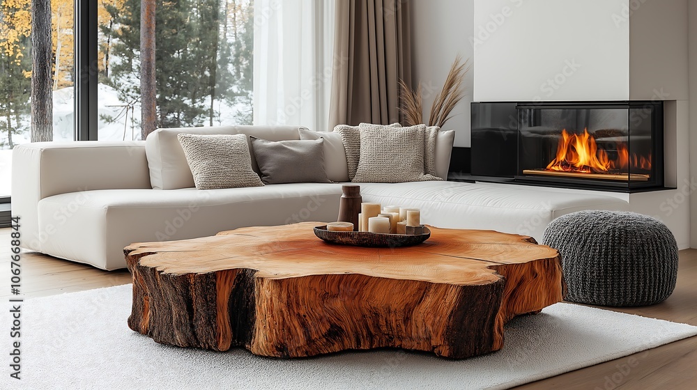 Rustic tree stump coffee table, knitted pouf, and white sofa in a warm room with a cozy fireplace. Rustic tree stump coffee table, knitted pouf, and white sofa in a warm room with a cozy fireplace.