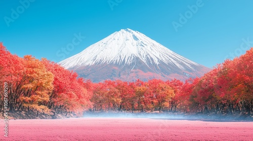 Majestic view of Mount Fuji surrounded by vibrant autumn foliage.