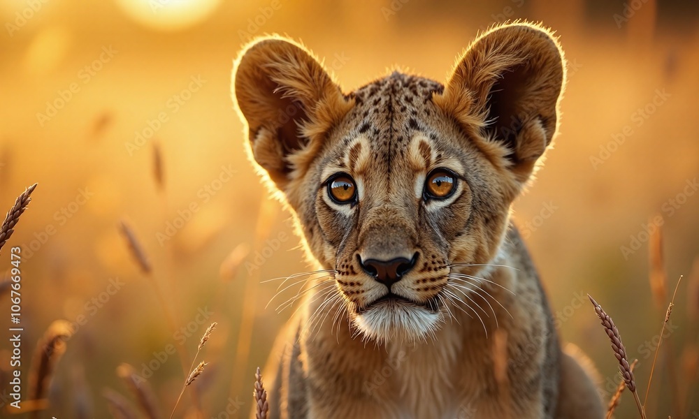 Obraz premium Lion cub intense gaze golden eyes tall grass