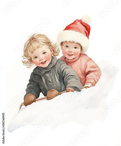 Watercolor Victorian Christmas Fir Tree, Children Playing, Lush Christmas Girl with Baby, New Year, Winter Holiday, Holiday, New Year Toys, Noel, Angel Child, Nutcracker, Poinsettia, Bouquet, Showcase